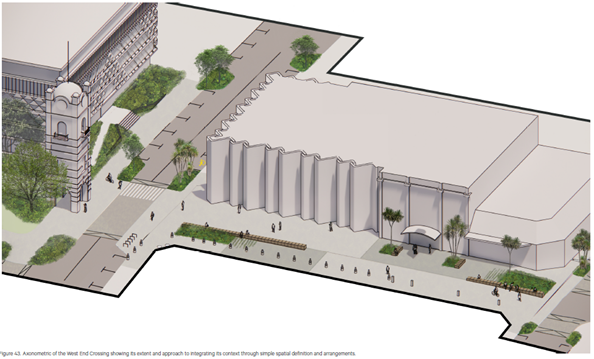 Axonometric of the West End Crossing showing its extent and approach to integrating its context through simple spatial defintion and arrangements.